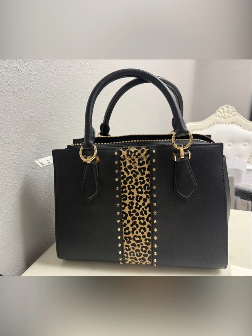 Michael Kors Black Marilyn Satchel with Leopard Stripe & Gold Hardware